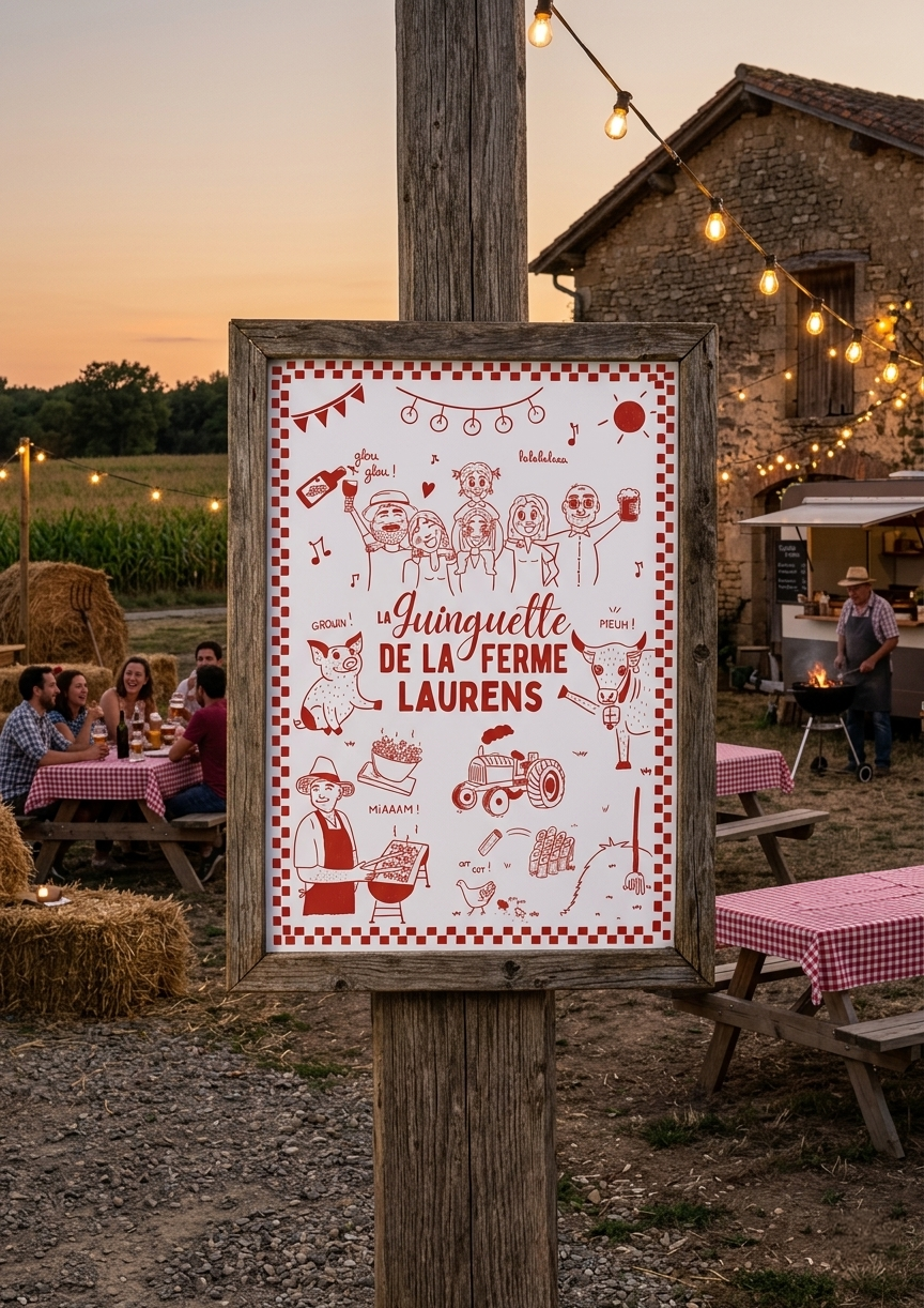 Affiche La Guinguette de la Ferme Laurens — illustration monochrome rouge